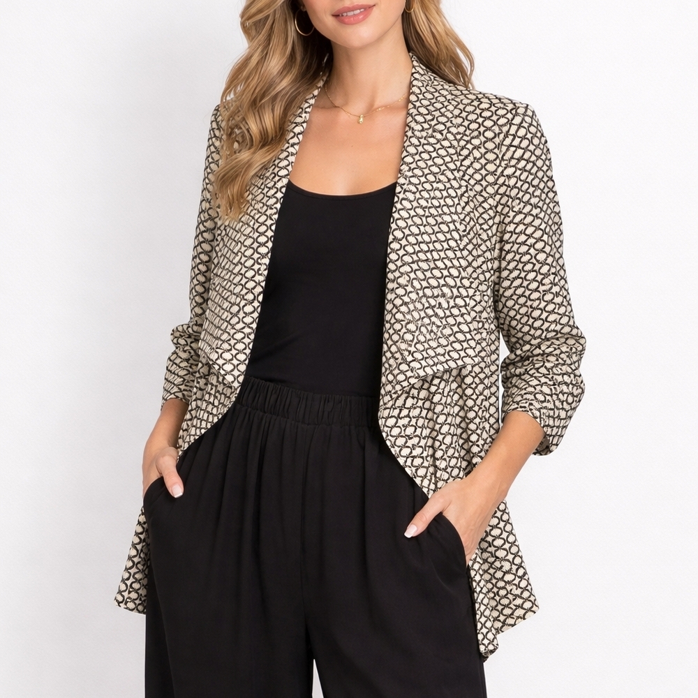 Karen Kane Knit Blazer 2X Tan Black Geometric Drape Open Front Ruche Sleeve